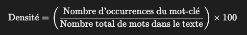 Image mettant en avant la formule pour calculer la densité de mot clé